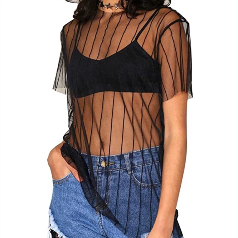 Sheer Vertical Stripe Mesh Top
